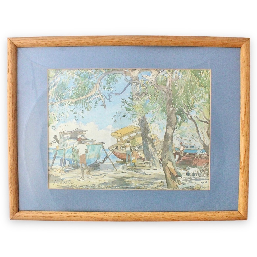 Vintage Jill Walker “Boats on the Beach Barbados” Print Framed Caribbean Art